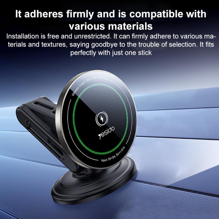 Black magnetic wireless car charger holder with circular pad, adjustable base, and vent mount