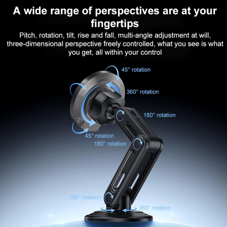 Black magnetic wireless car charger holder with multi-angle adjustable arm and circular pad