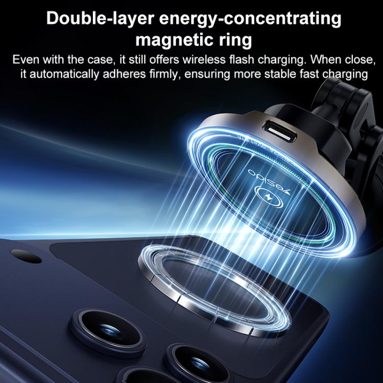 Black magnetic wireless car charger holder with double-layer energy ring on charging pad