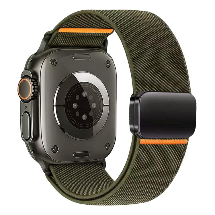 Army green elastic nylon watch band with magnetic buckle and orange accents