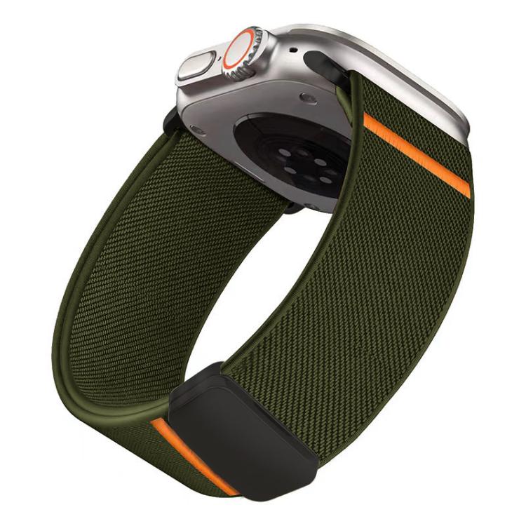Army green nylon watch band with magnetic buckle, shown from an angled view