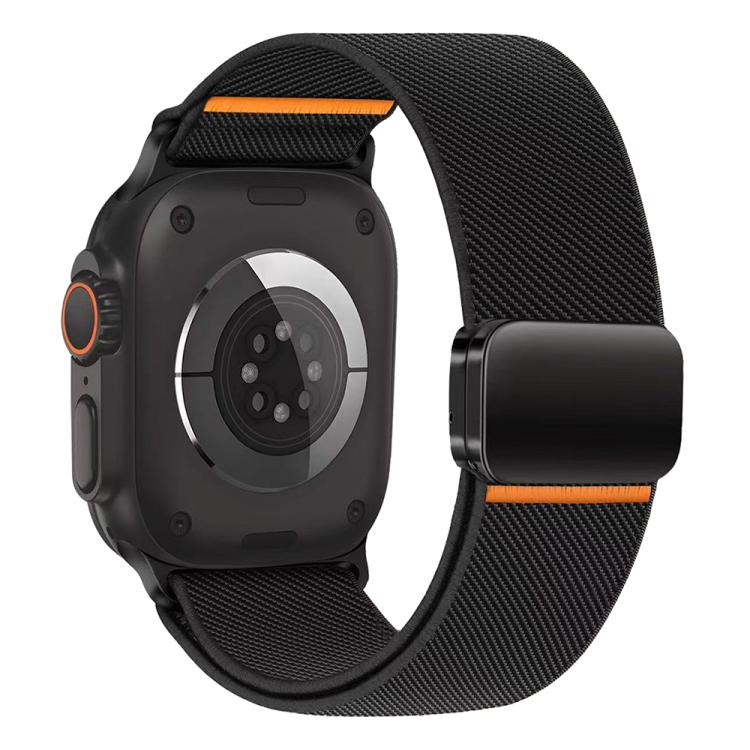 Black elastic nylon watch band with magnetic buckle and orange accents