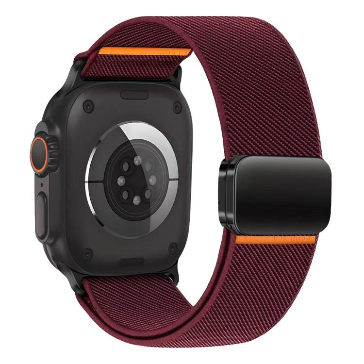 Wine red elastic nylon watch band with magnetic buckle and orange accents