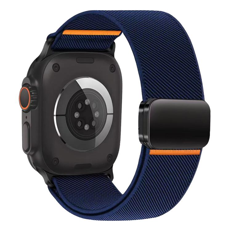 Dark blue elastic nylon watch band with magnetic buckle and orange accents