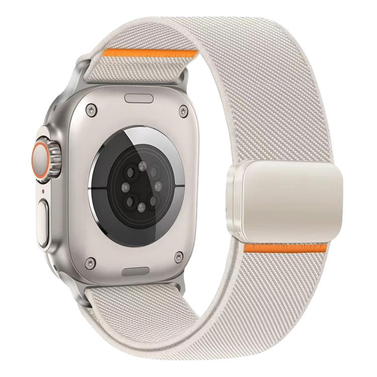 Light beige elastic nylon watch band with light magnetic buckle and orange accents