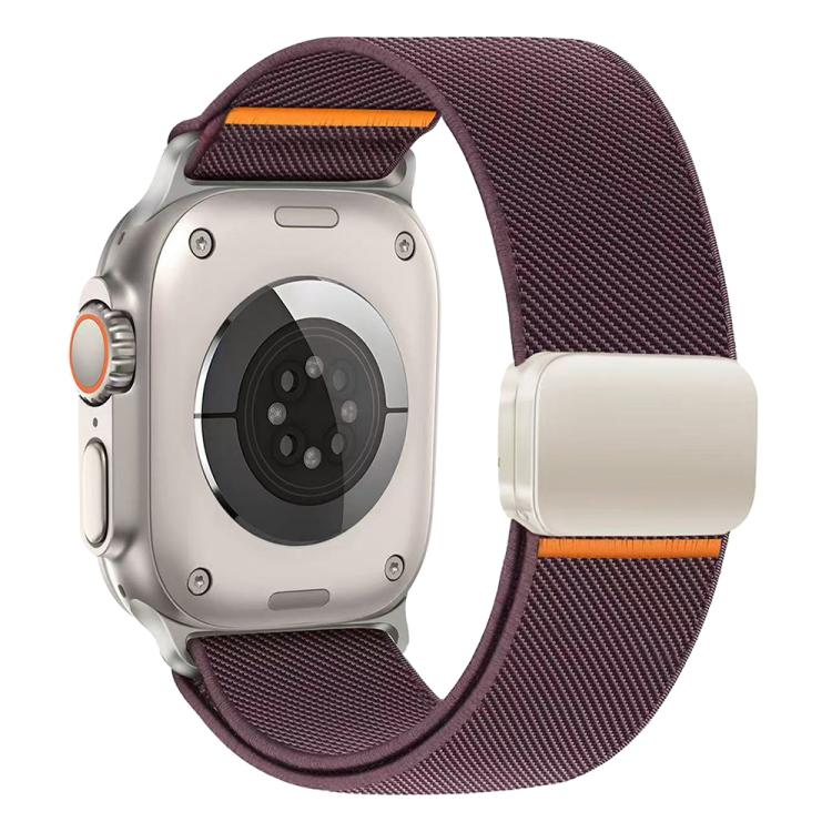 Muted purple elastic nylon watch band with light magnetic buckle and orange accents