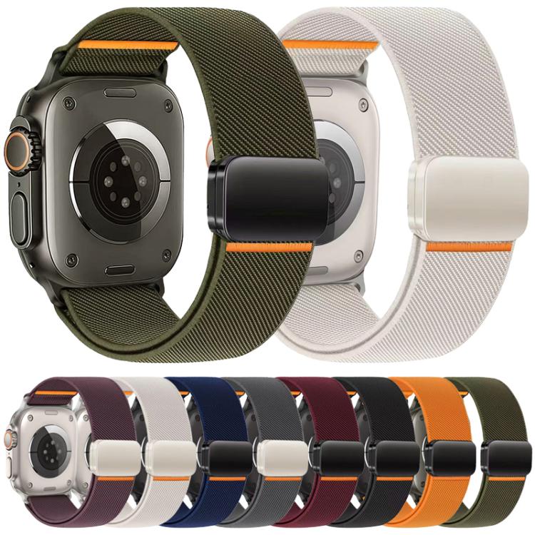 Elastic nylon magnetic watch bands in assorted colors, including green, orange, black and blue