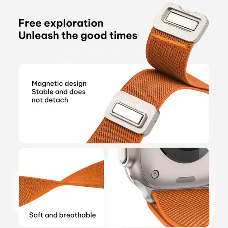 Orange elastic nylon watch band with silver magnetic buckle and woven texture