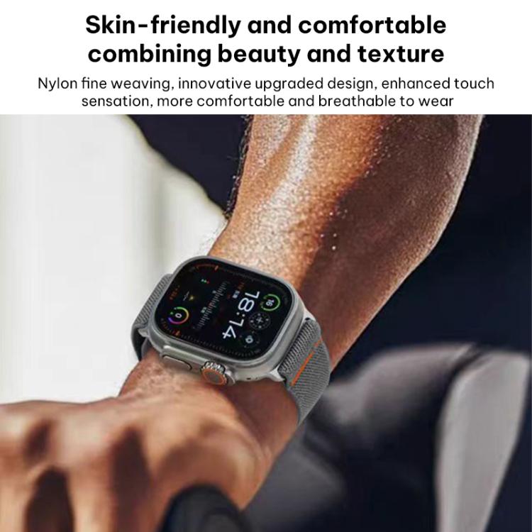 Dark gray woven nylon watch band worn on a smartwatch