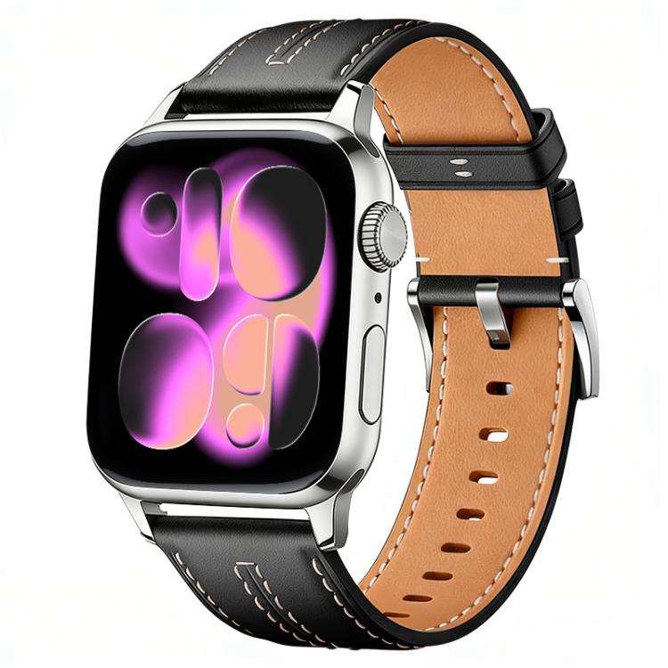 Two-tone vegan leather watch band with black exterior, tan lining, white stitching and silver buckle