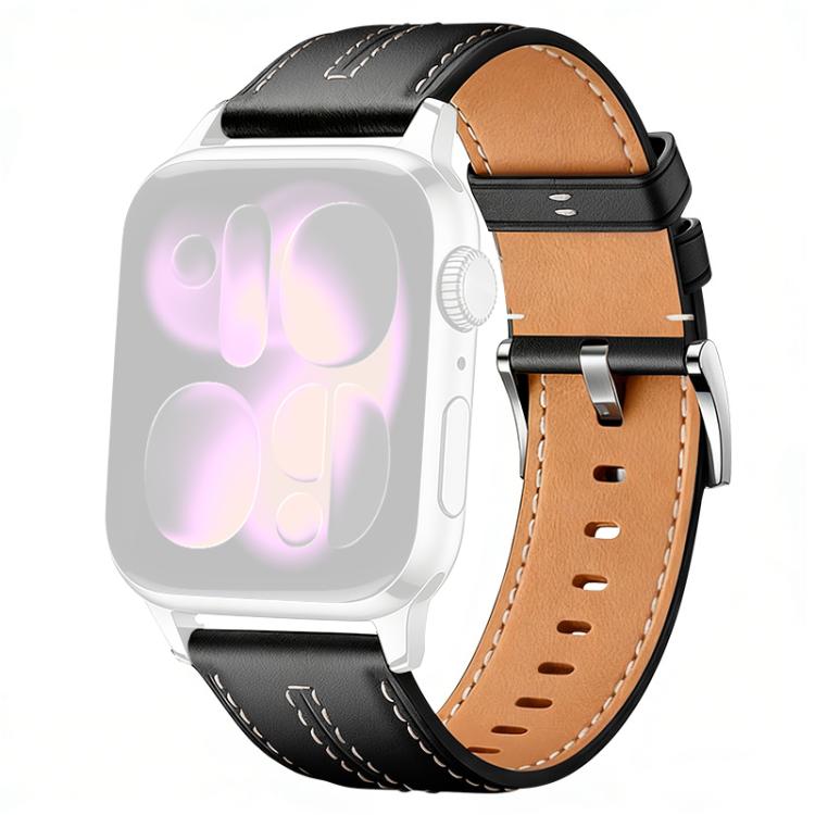 Black and tan vegan leather watch band with stitched edges and silver buckle, shown on a watch