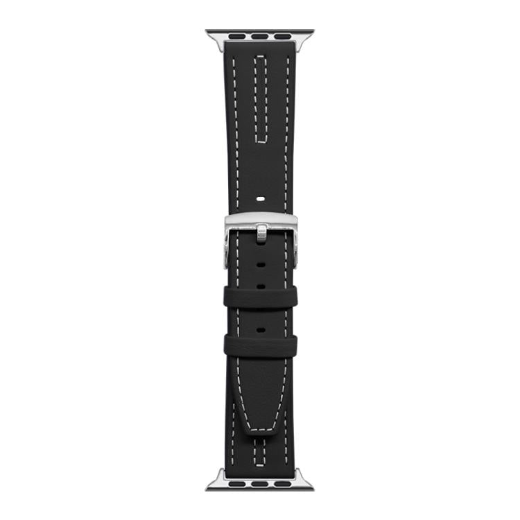 Black vegan leather watch band with white stitching, adjustment holes and silver buckle