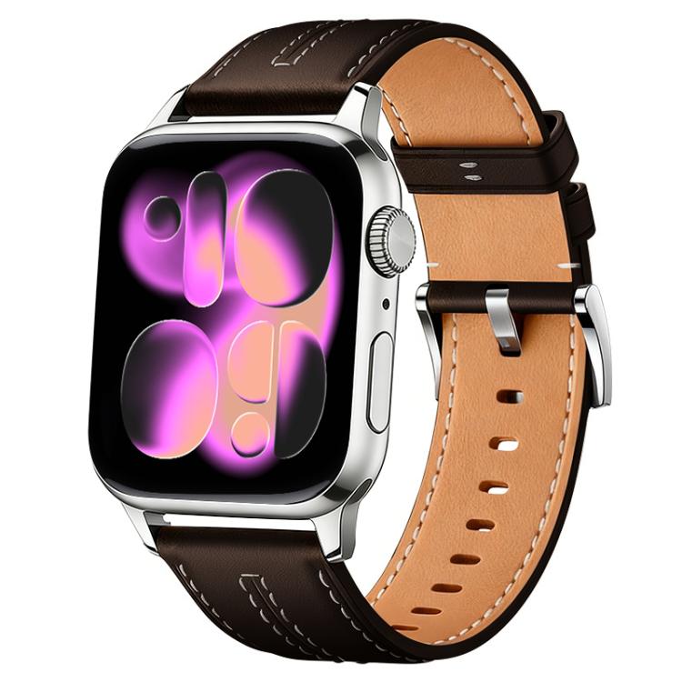 Brown and tan vegan leather watch band with stitched edges and silver buckle, shown on a watch