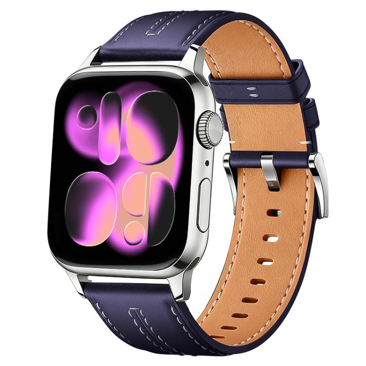 Dark purple and tan vegan leather watch band with stitched edges and silver buckle