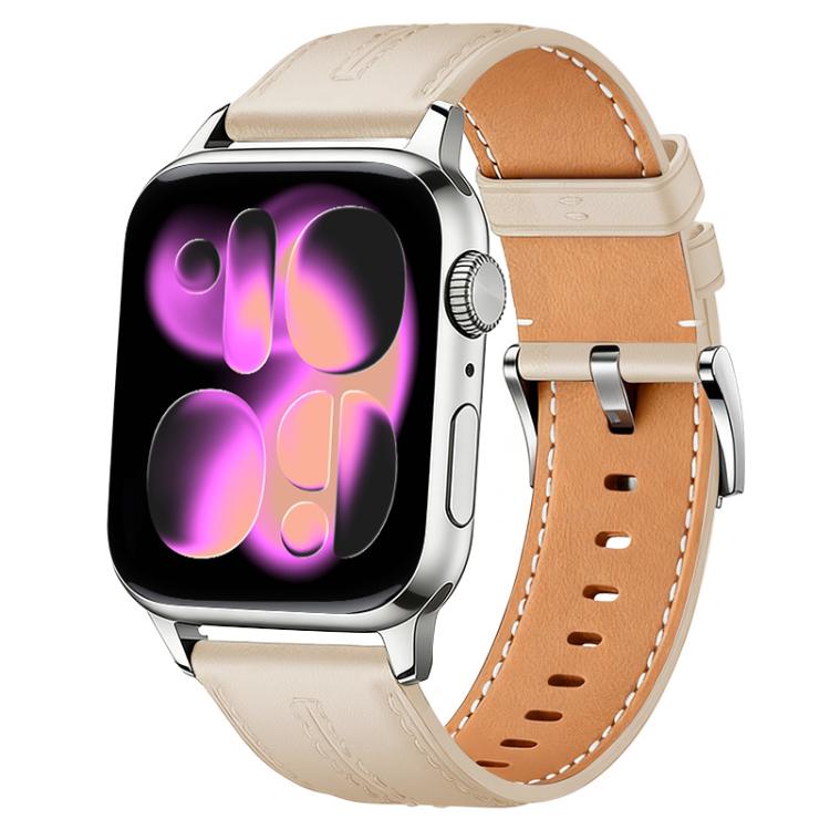 Apricot and tan vegan leather watch band with stitched edges and silver buckle