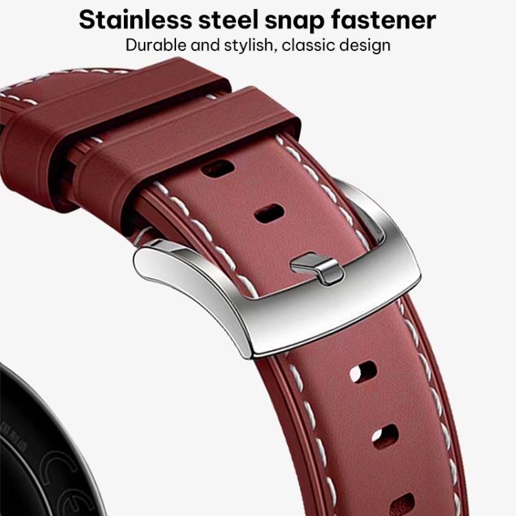 Wine red vegan leather watch band with white stitching and a stainless steel buckle