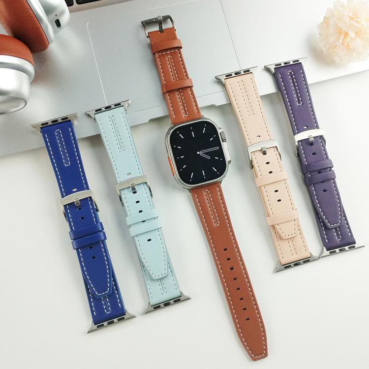 Vegan leather watch bands in blue, light blue, brown, beige, and purple with stitched edges