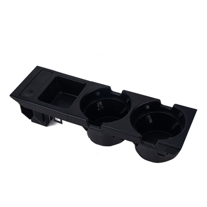 Car cup holder storage box set with two cup slots and rectangular side tray, black plastic