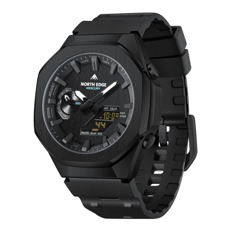Black outdoor sports digital watch with textured bezel and rubber strap