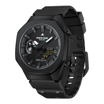 Black outdoor sports digital watch with textured bezel and rubber strap