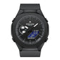 Black luminous electronic sports watch with black bezel and rubber strap