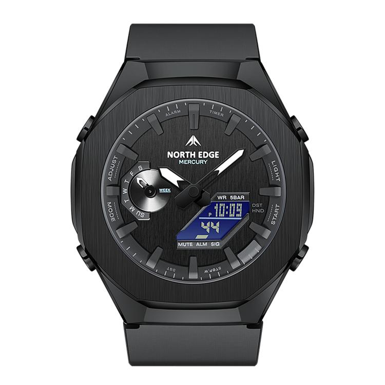 Black luminous electronic sports watch with black bezel and rubber strap