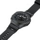 Black sports watch with digital face and wide rubber strap in side view