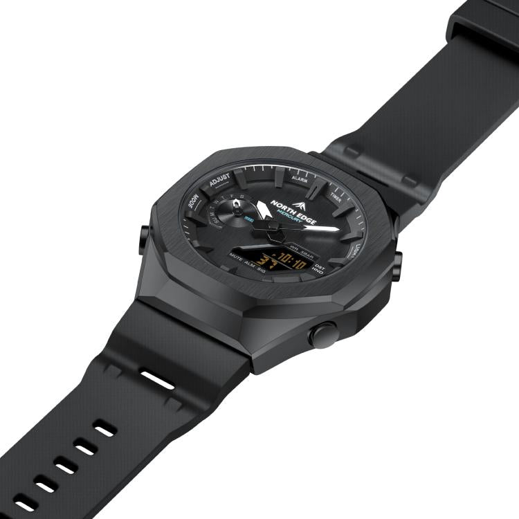 Black sports watch with digital face and wide rubber strap in side view