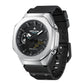 Silver and black outdoor sports watch with luminous digital display and rubber strap