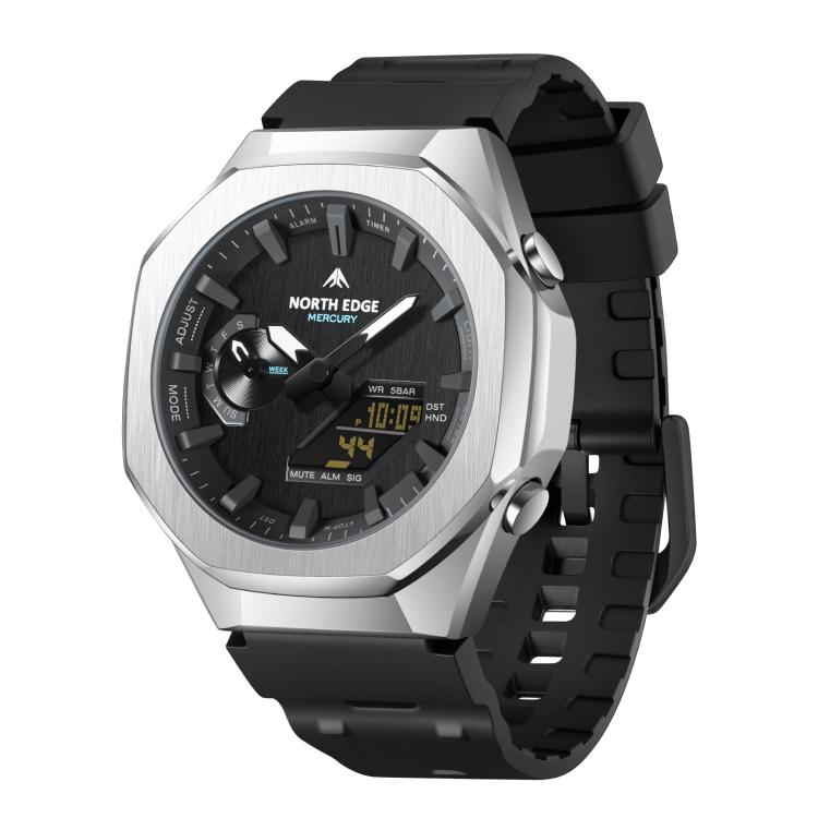 Silver and black outdoor sports watch with luminous digital display and rubber strap