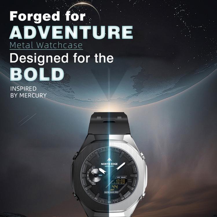 Silver and black luminous outdoor sports watch with digital display and rubber strap