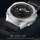 Close-up of silver outdoor sports watch case with black dial and rubber strap