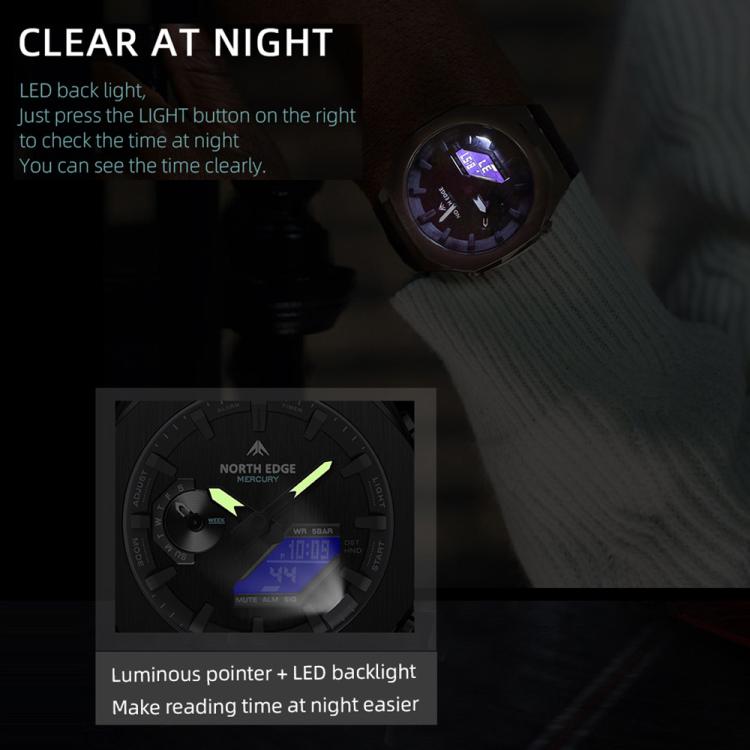 Black electronic sports watch with dark dial and luminous hands, black rubber strap