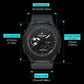 Black round electronic sports watch face with push buttons and black strap