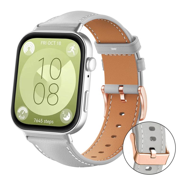 Two-tone vegan leather watch band with gray outer panels, tan lining, and rose gold buckle