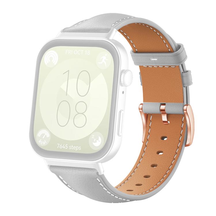 Gray and tan vegan leather watch band with white stitching and rose gold buckle