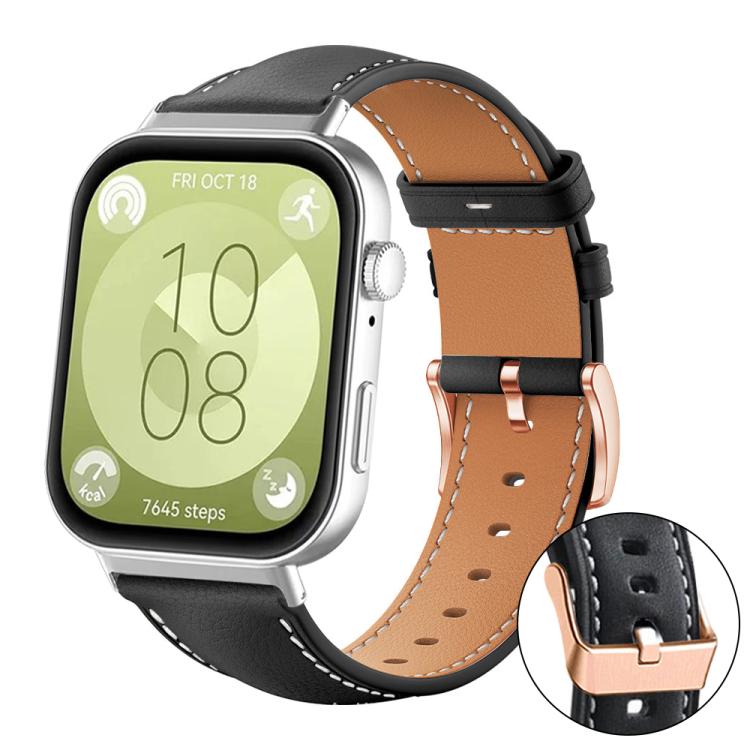 Black and tan vegan leather watch band with white stitching and rose gold buckle