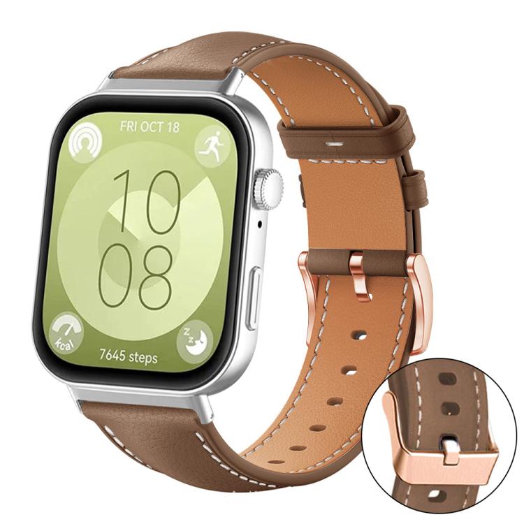 Two-tone vegan leather watch band with brown outer panels, tan lining, and rose gold buckle