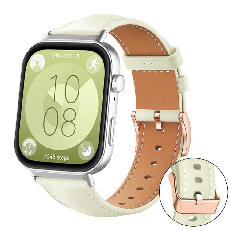 Cream and tan vegan leather watch band with white stitching and rose gold buckle