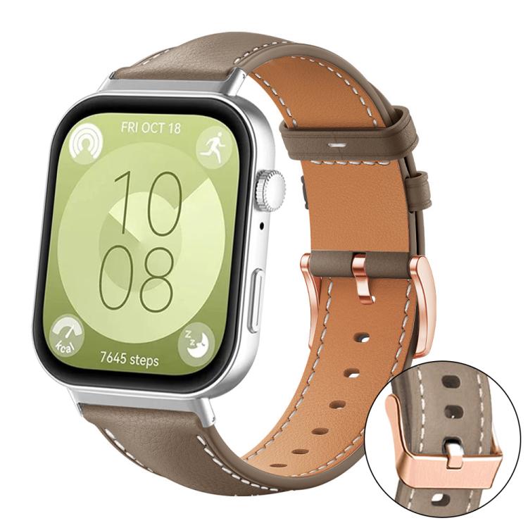 Brown and tan vegan leather watch band with white stitching and rose gold buckle