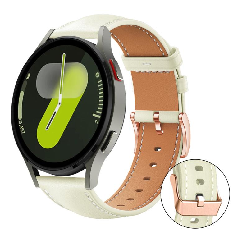 Watch band with creamy white outer strap, tan lining, and rose gold buckle