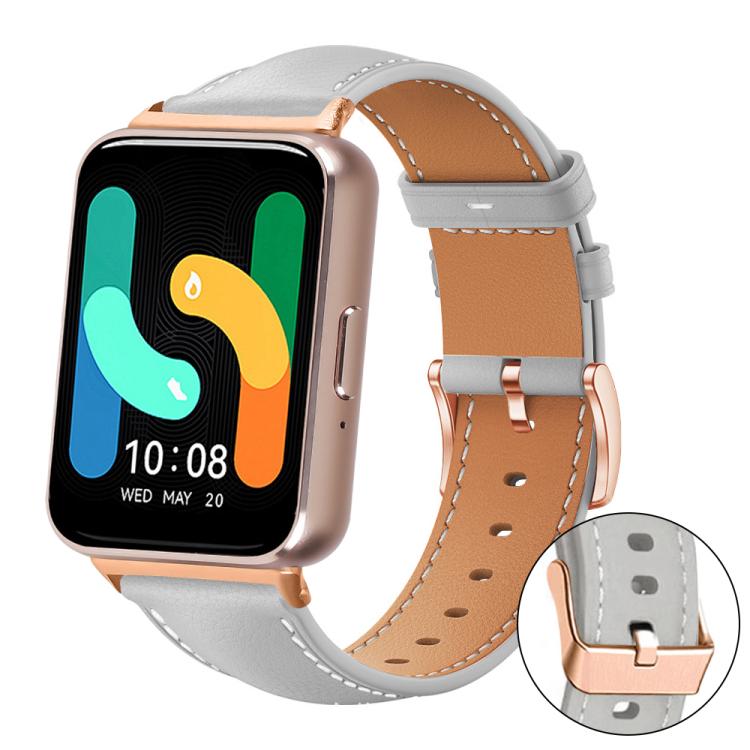 Light gray watch band with tan lining and rose gold buckle, shown on a rectangular smartwatch