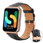 Black watch band with tan lining and rose gold buckle, shown on a rectangular smartwatch