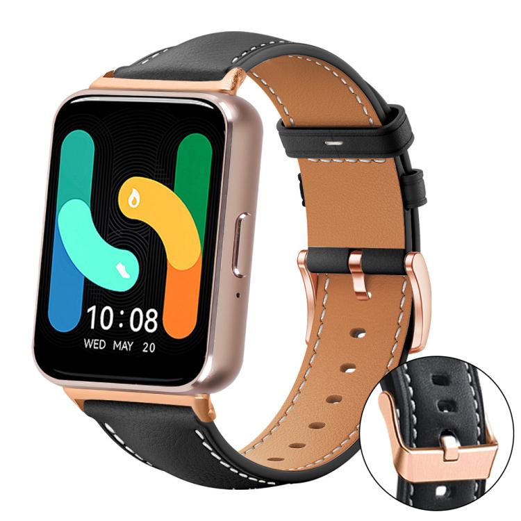 Black watch band with tan lining and rose gold buckle, shown on a rectangular smartwatch