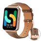 Brown watch band with tan lining and rose gold buckle, shown on a rectangular smartwatch