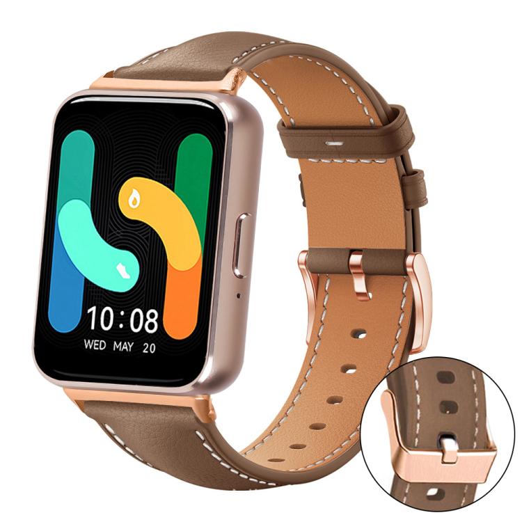 Brown watch band with tan lining and rose gold buckle, shown on a rectangular smartwatch