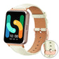 Creamy white watch band with tan lining and rose gold buckle, shown on a rectangular smartwatch