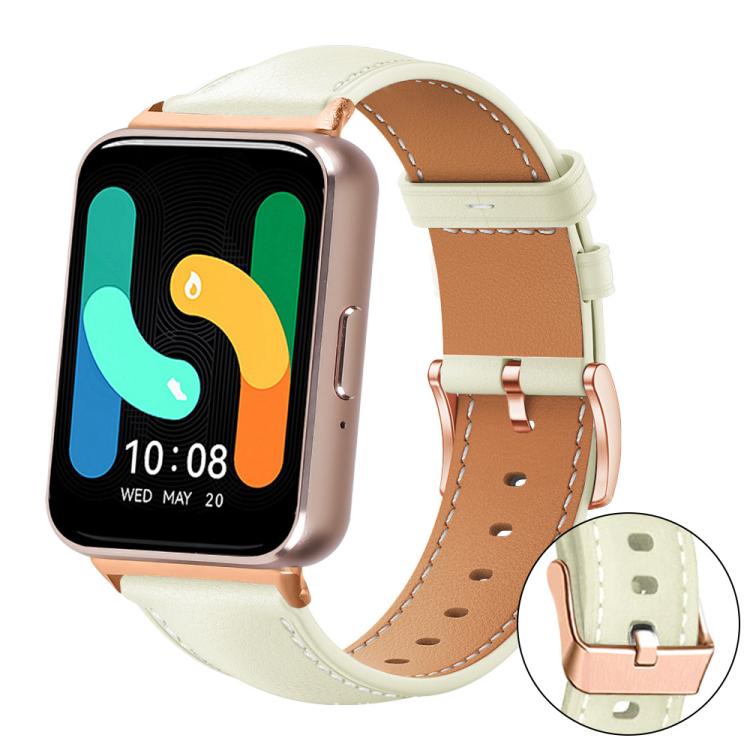 Creamy white watch band with tan lining and rose gold buckle, shown on a rectangular smartwatch