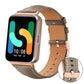 Smartwatch with a two-tone brown stitched vegan leather band and rose gold buckle