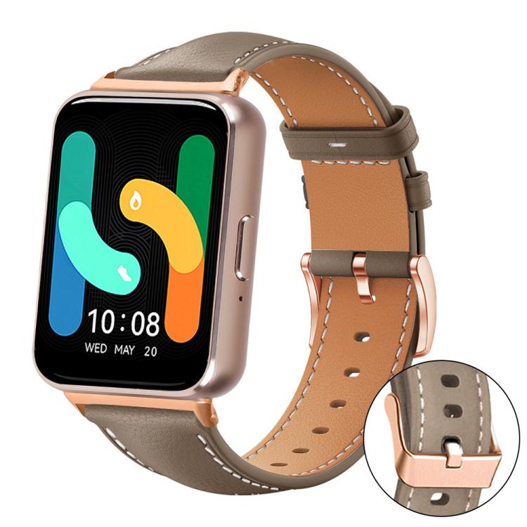 Smartwatch with a two-tone brown stitched vegan leather band and rose gold buckle